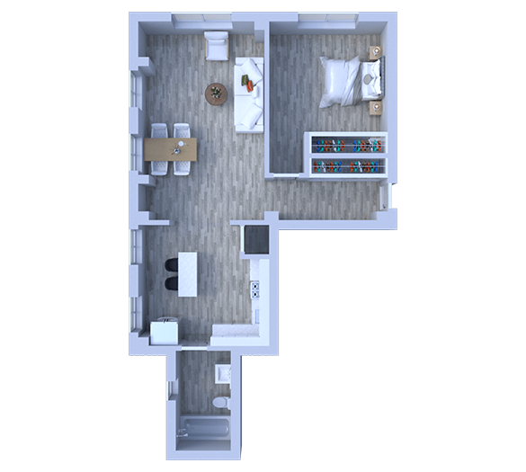 Floor plan for 1 bed, 1 bath, 610 sqft